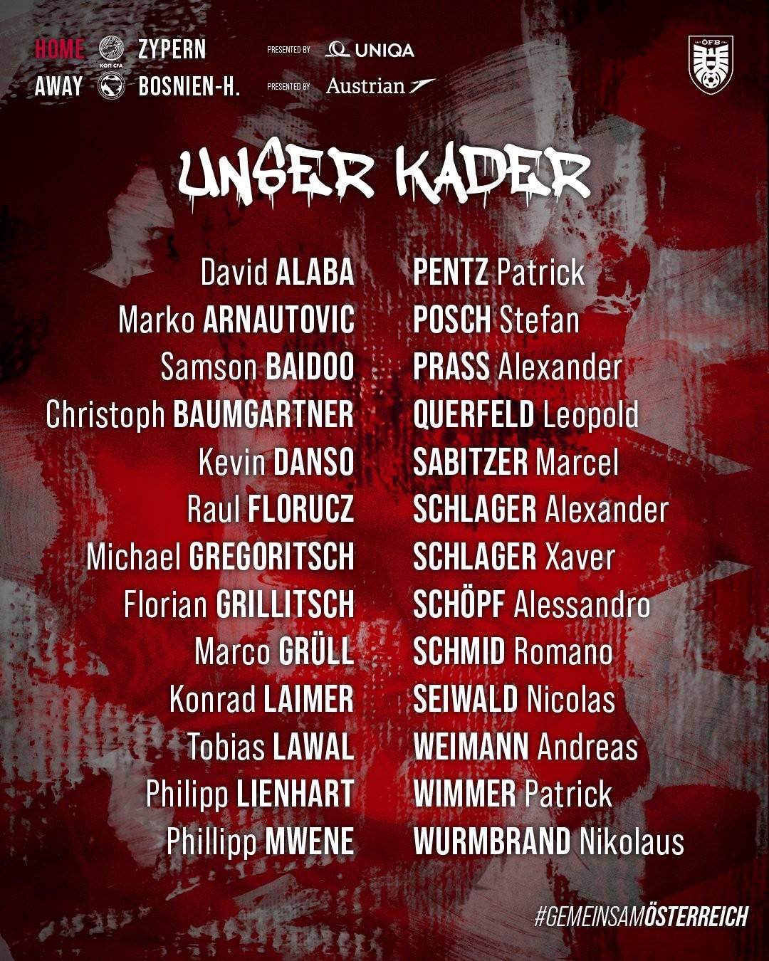 开云平台-奥地利大名单：阿拉巴领衔，萨比策、莱默尔、阿瑙、丹索入选